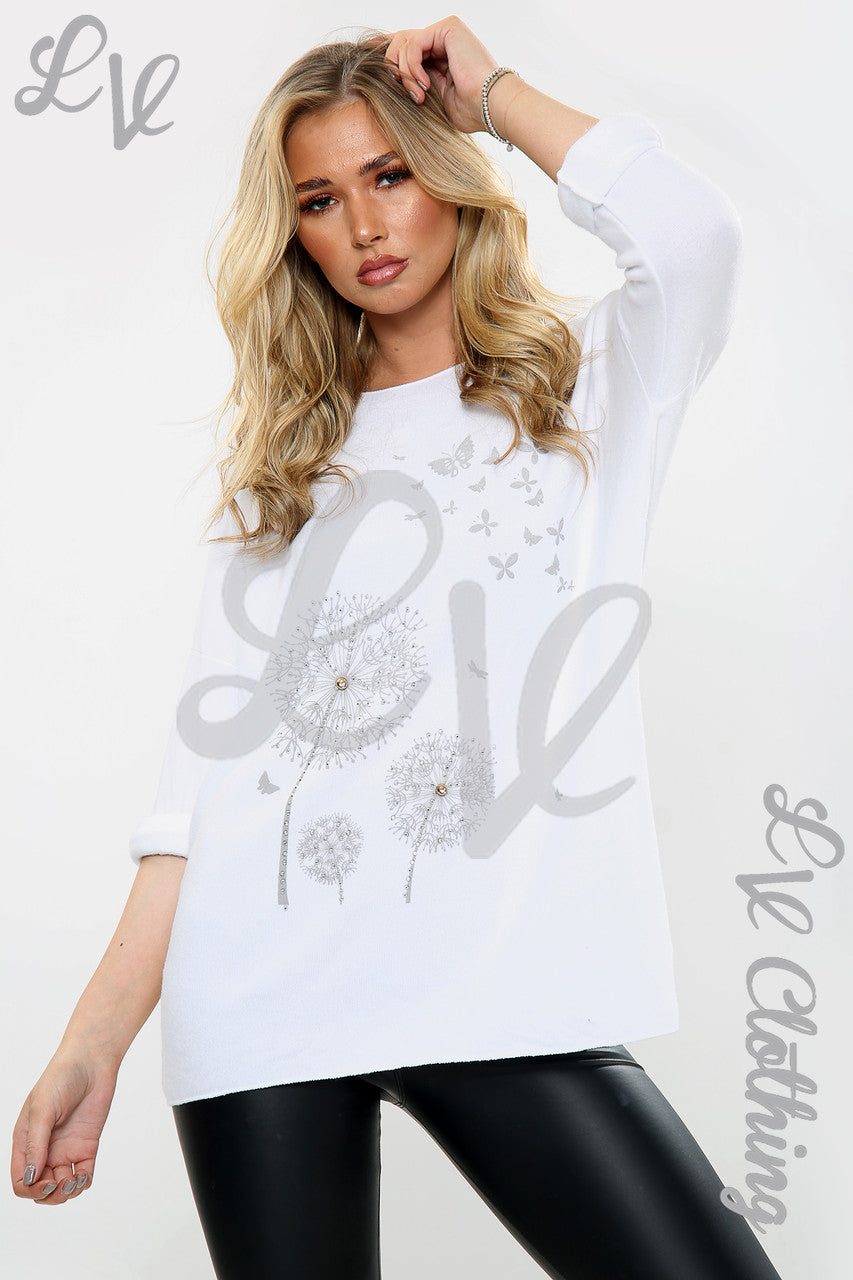 Damespaardebloem- en vlindergraphic top Wit Prijs per stuk € 9,99