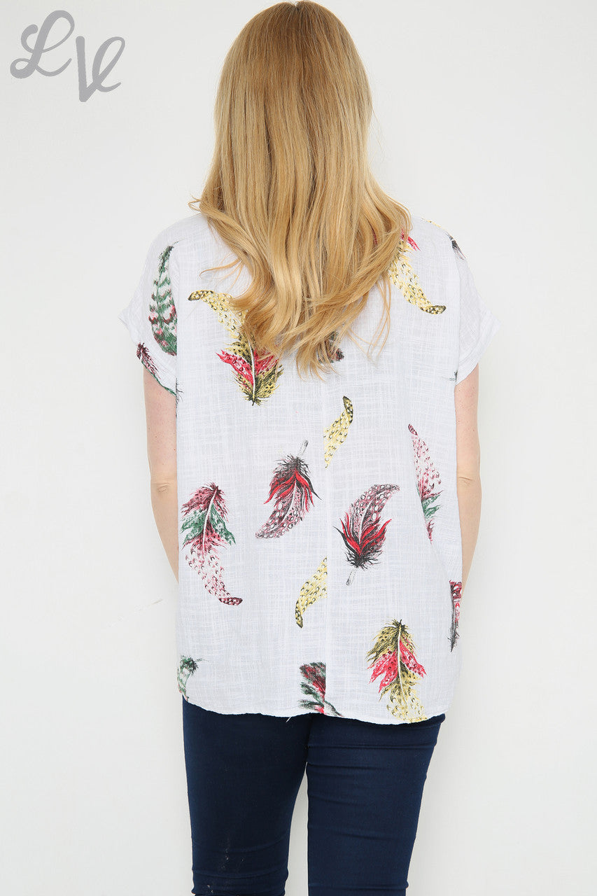 Dames Kleurrijke Top met Verenprint Wit Stukprijs €9,99