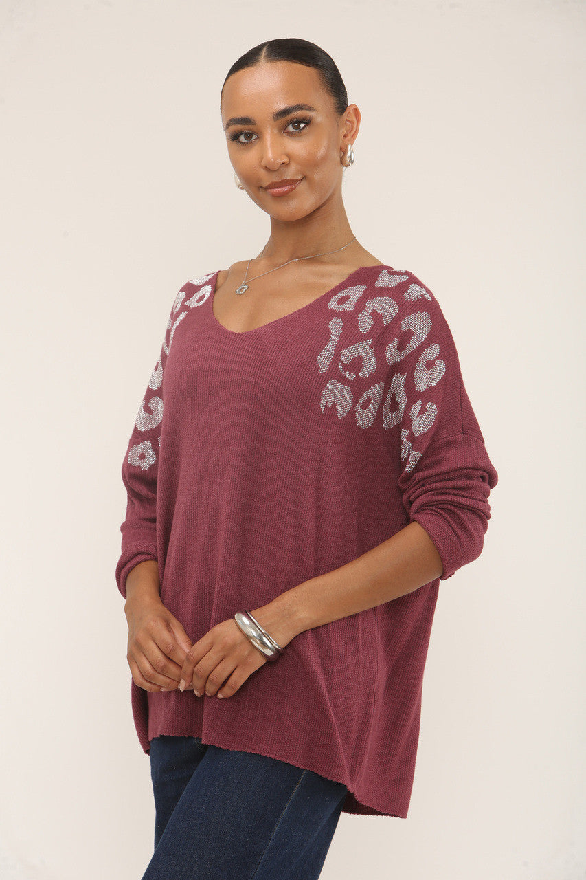 DIAMANTE LEOPARD SHOULDER JUMPER - BURGUNDY