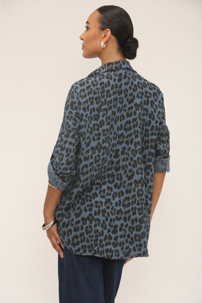 LEOPARD PRINT BUTTON-UP BLOUSE - DENIM