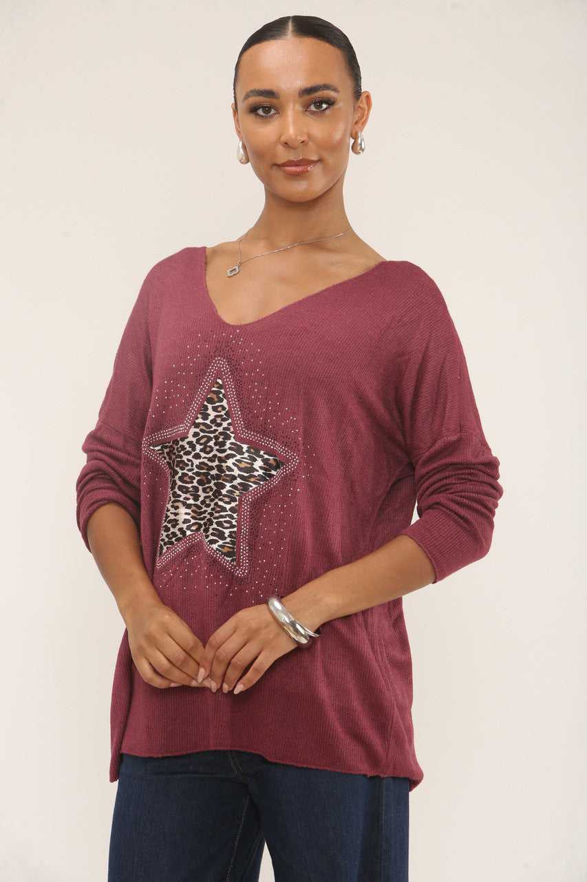 DIAMANTE LEOPARD STAR JUMPER - BURGUNDY