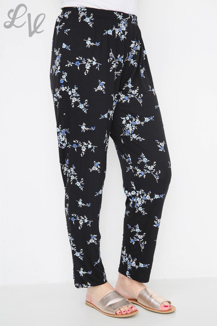 Ladies Oriental Floral Print Trousers Blue Flowers