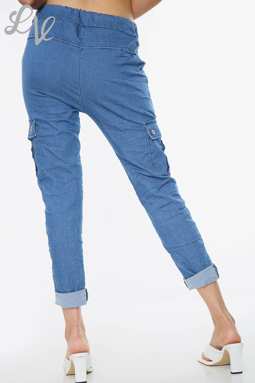 Dames casual broek met zijzakken donker denim - Prijs per stuk € 9,99