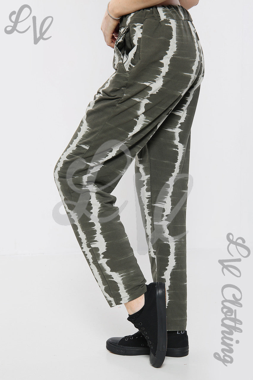 Ladies Tie Dye Stripe Print Jogging Bottoms Khaki - Unit Price £9.99