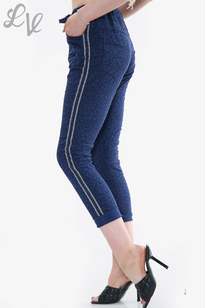 Dames Luipaardprint Glitter Zijpaneel Magische Broek Marineblauw Prijs WAS € 14,99 NU € 7,49