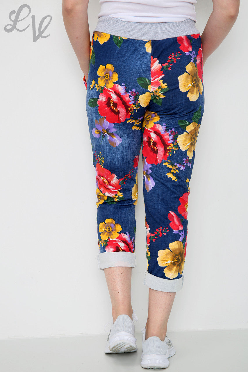 Ladies Floral Poppy Print Jogging Pants Trouser Navy - Unit Price £6.99