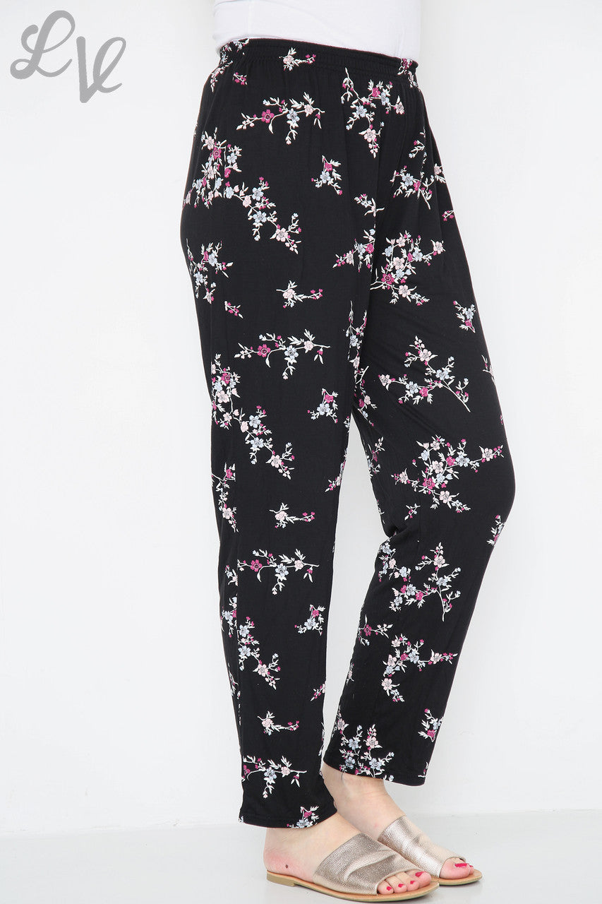 Ladies Oriental Floral Print Trousers Pink Flowers