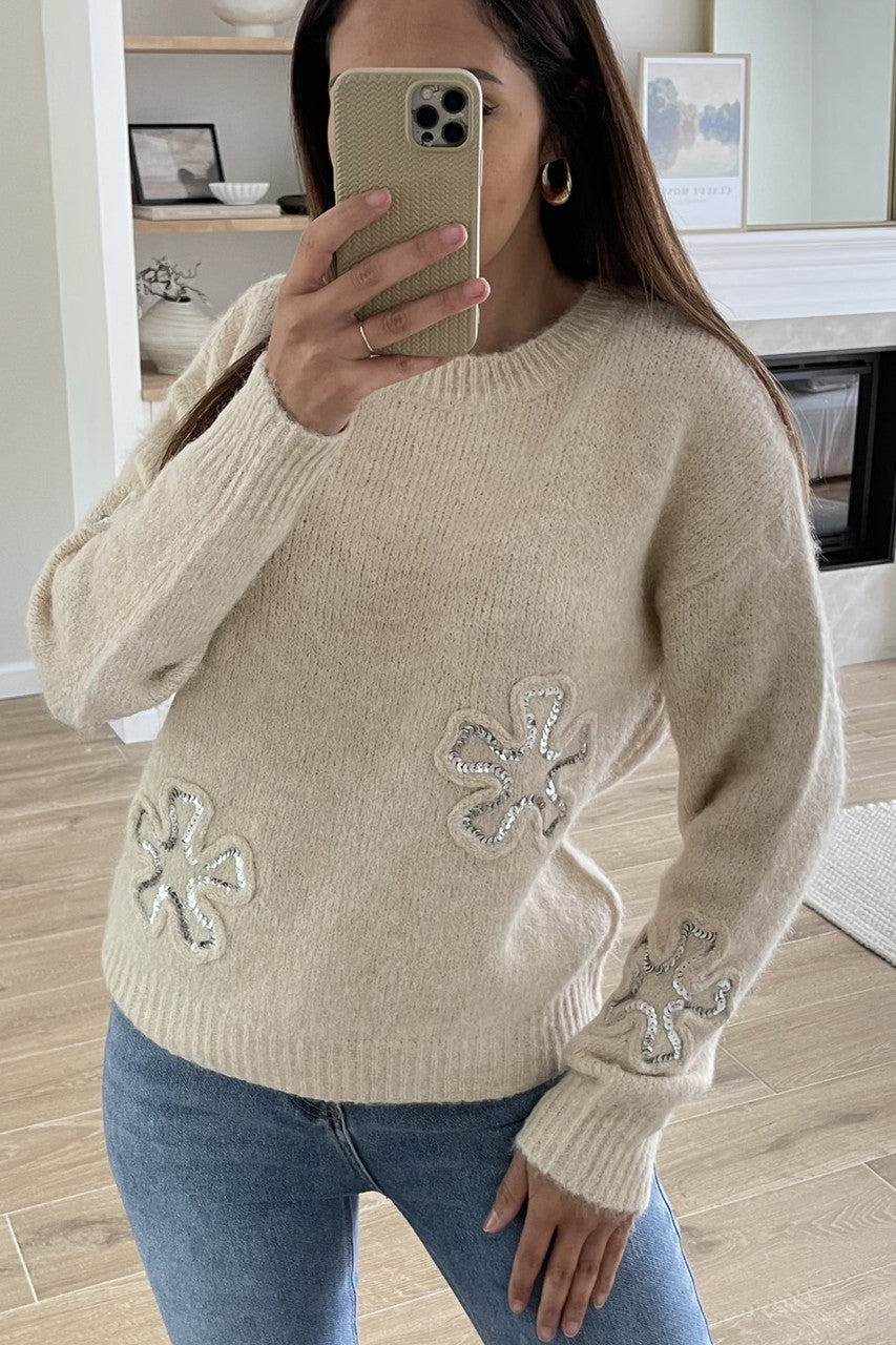 EMBROIDERED SEQUIN FLOWERS KNITTED JUMPER BEIGE