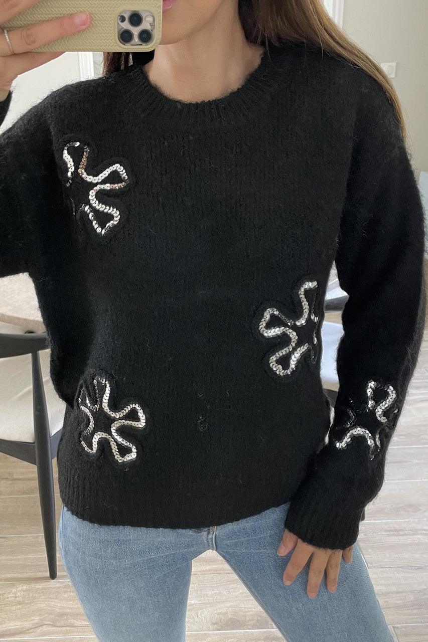 GEBREIDE TRUI MET GEBORDUURDE PAILLETTENBLOEMEN ZWART