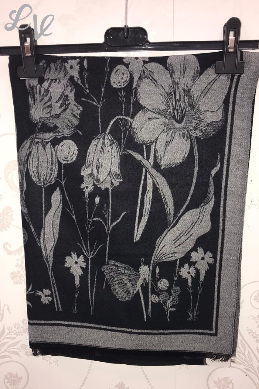 Ladies Flower Sketch Print Scarf Black