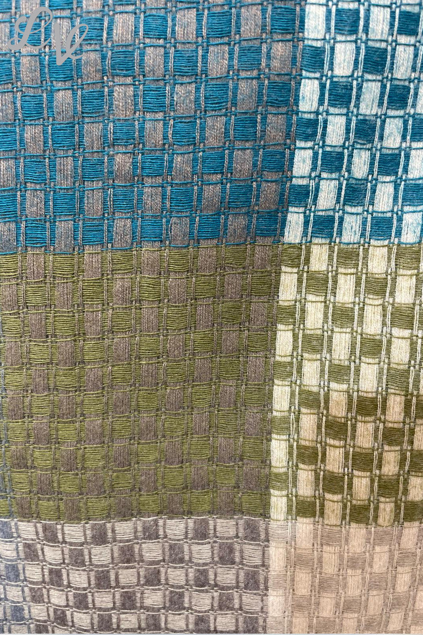Dames sjaal met vierkantjesprint Teal/Kaki/Steen
