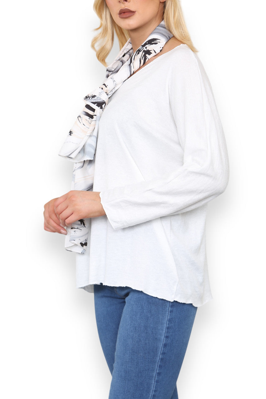 PLAIN FINE KNIT TOP WITH PRINTED SILKY SCARF WHITE