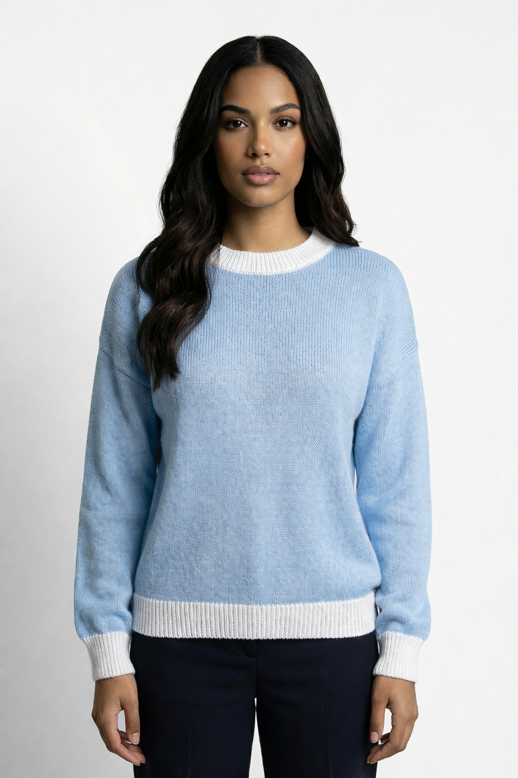 Crew Neck Knit Sweater with Contrast Rib Trim - Sky Blue