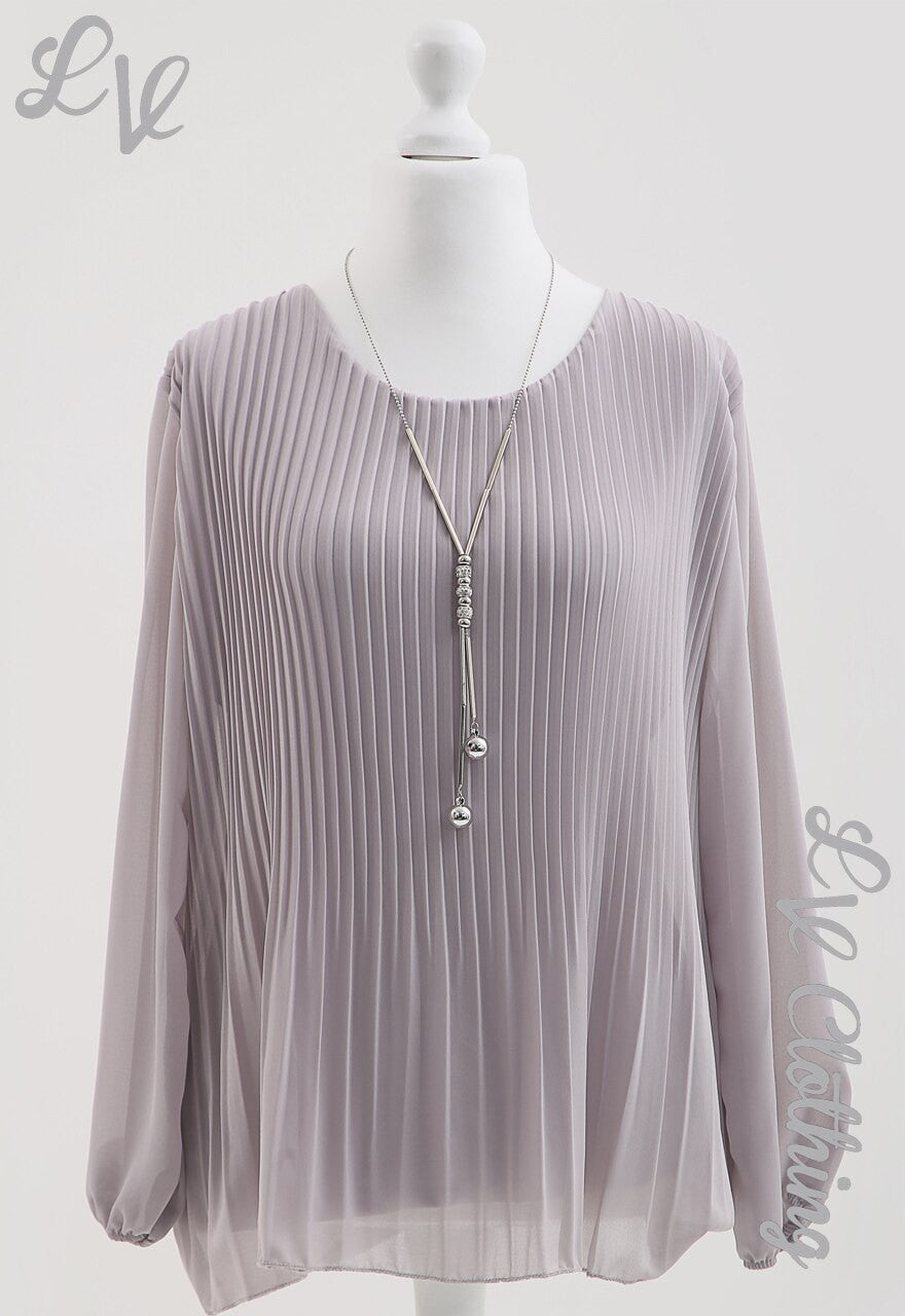 Ladies Pleated Long Sleeve Blouse With Necklace Grey - Unit Price £8.99