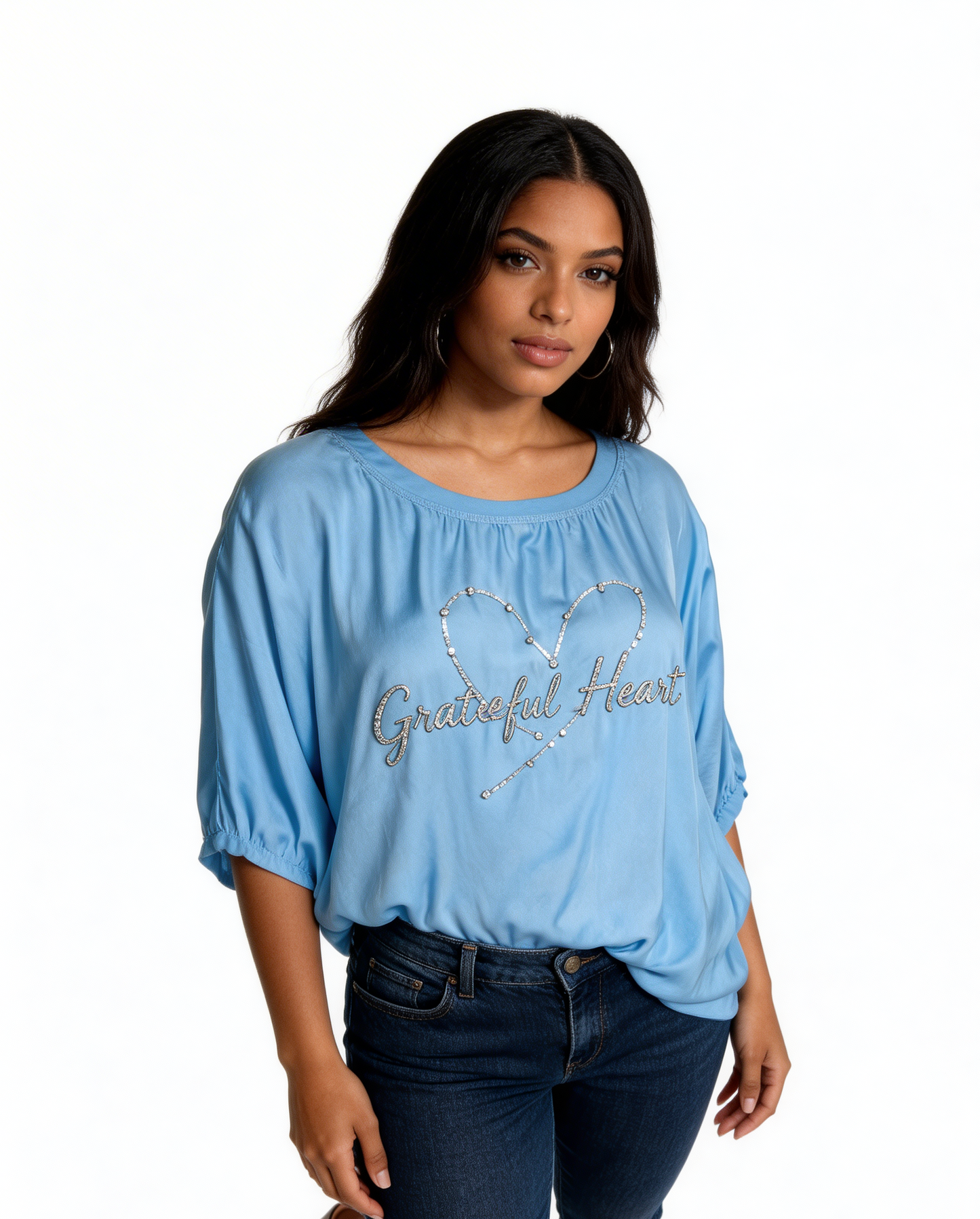 Off-Shoulder Graphic Tee Relaxed Fit Casual Top - Sky Blue
