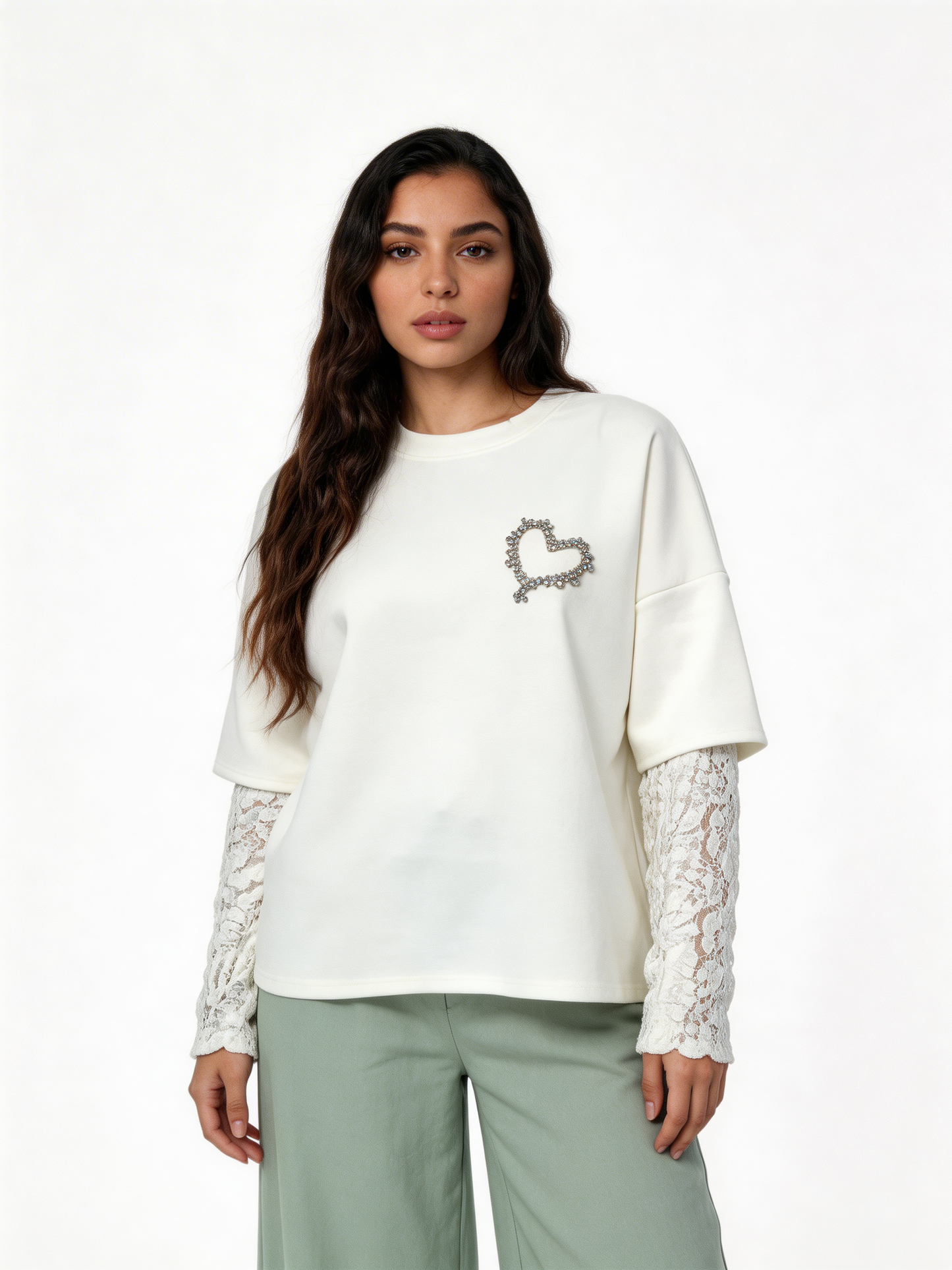 Pearl Heart Embellished T-Shirt with Lace Sleeves - White