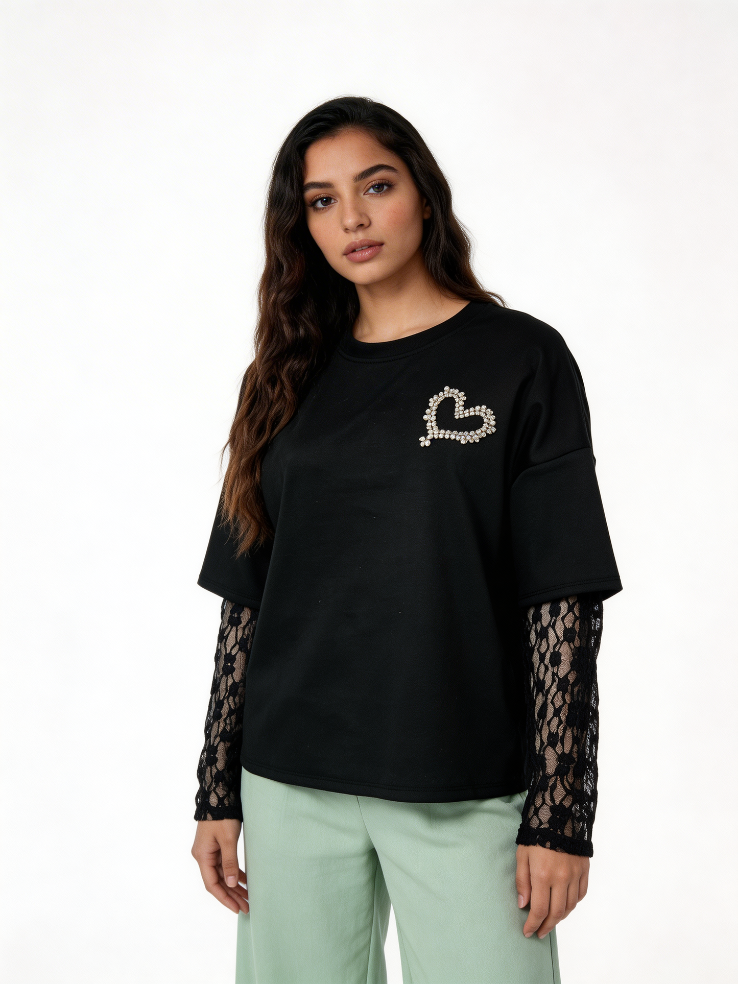 Pearl Heart Embellished T-Shirt with Lace Sleeves - Black