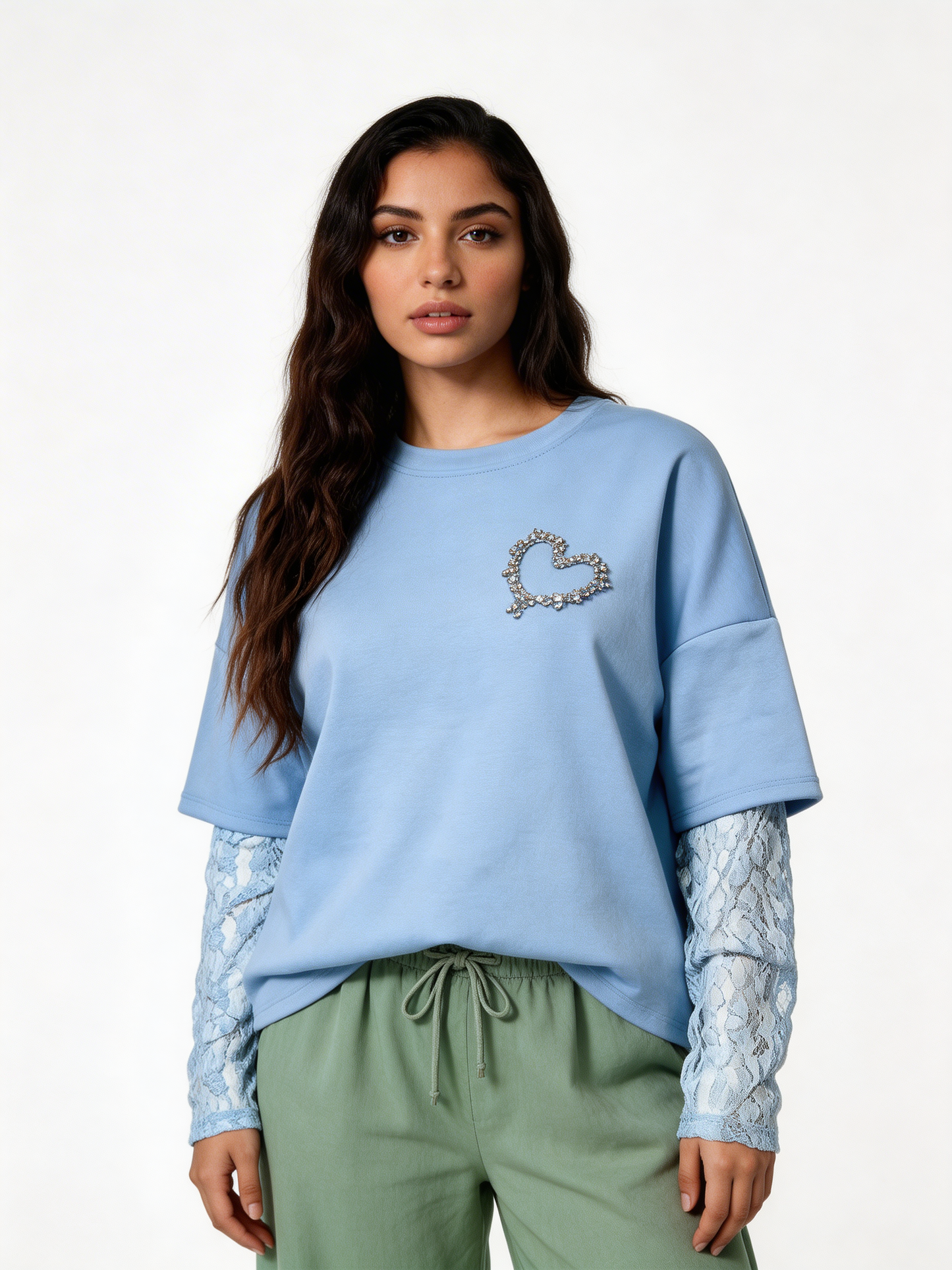 Pearl Heart Embellished T-Shirt with Lace Sleeves - Sky Blue
