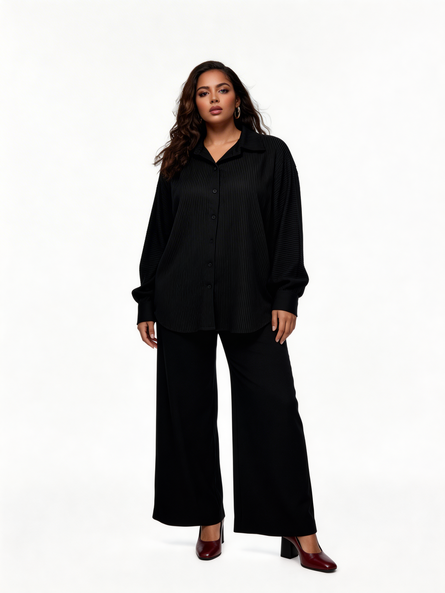 Relaxed Textured Shirt & Wide-Leg Trouser Co-Ord Set – Black