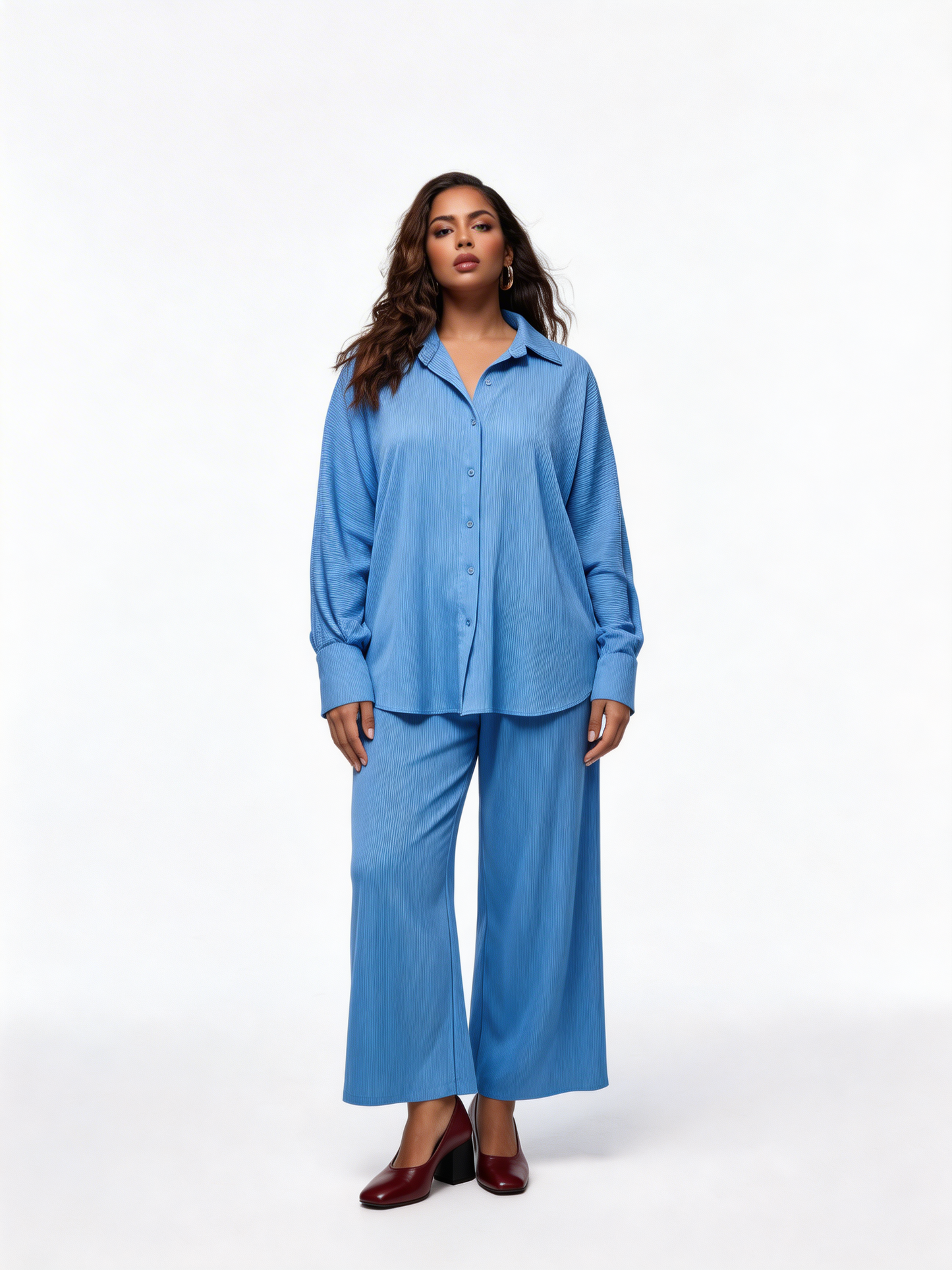 Relaxed Textured Shirt & Wide-Leg Trouser Co-Ord Set – Denim