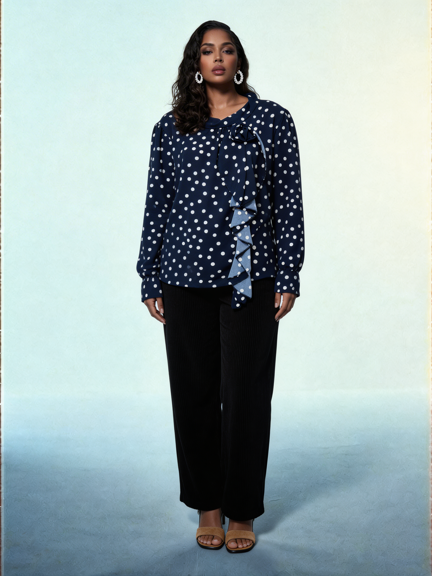 Elegante Blouse met Polkadots, Ruches en Strikje in de Hals - Marineblauw
