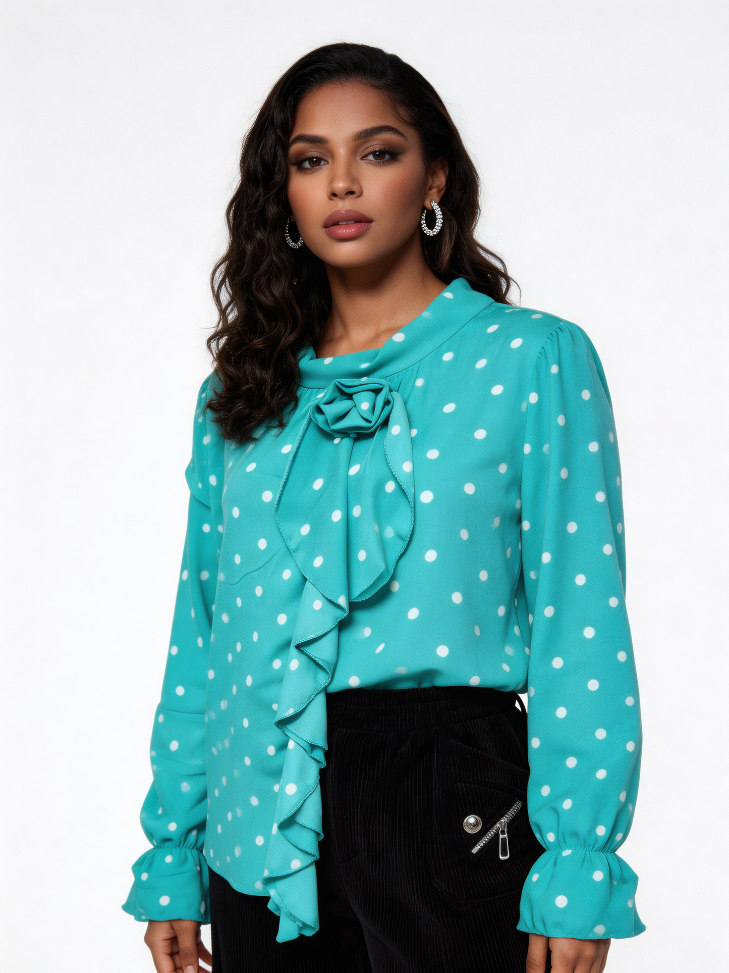Elegant Polka Dot Ruffle Tie-Neck Blouse - Mint