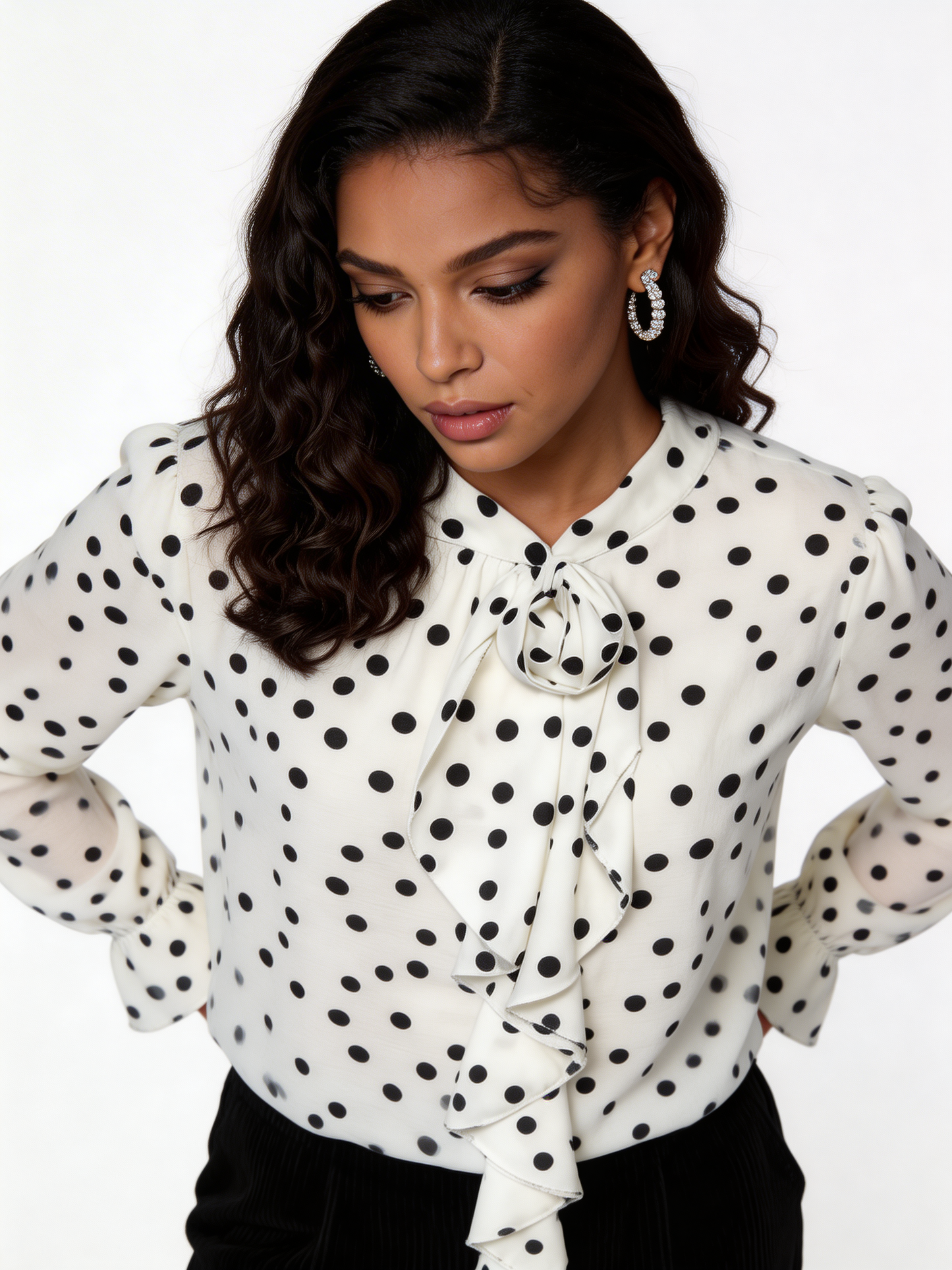 Elegant Polka Dot Ruffle Tie-Neck Blouse - White