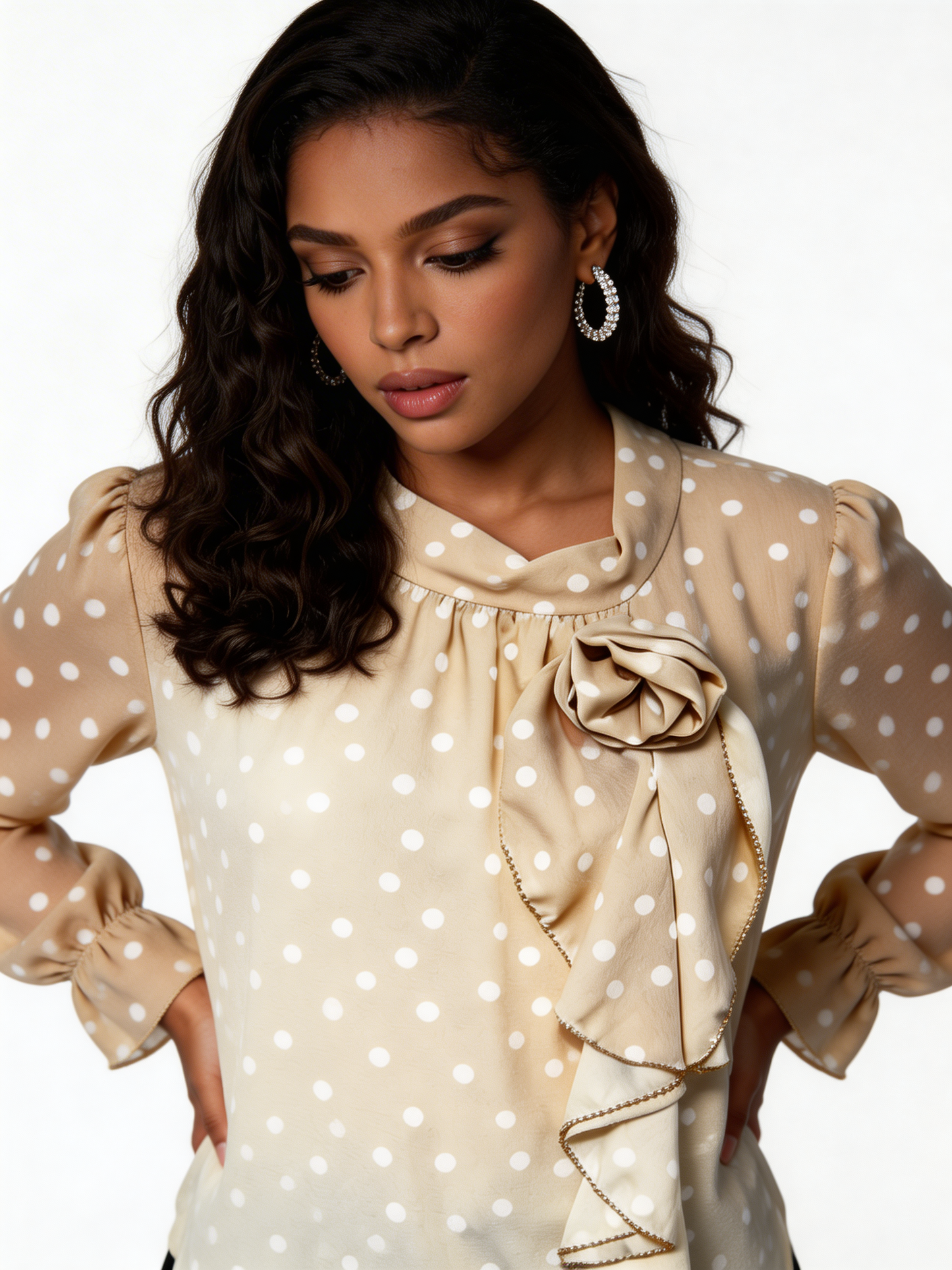 Elegant Polka Dot Ruffle Tie-Neck Blouse - Beige