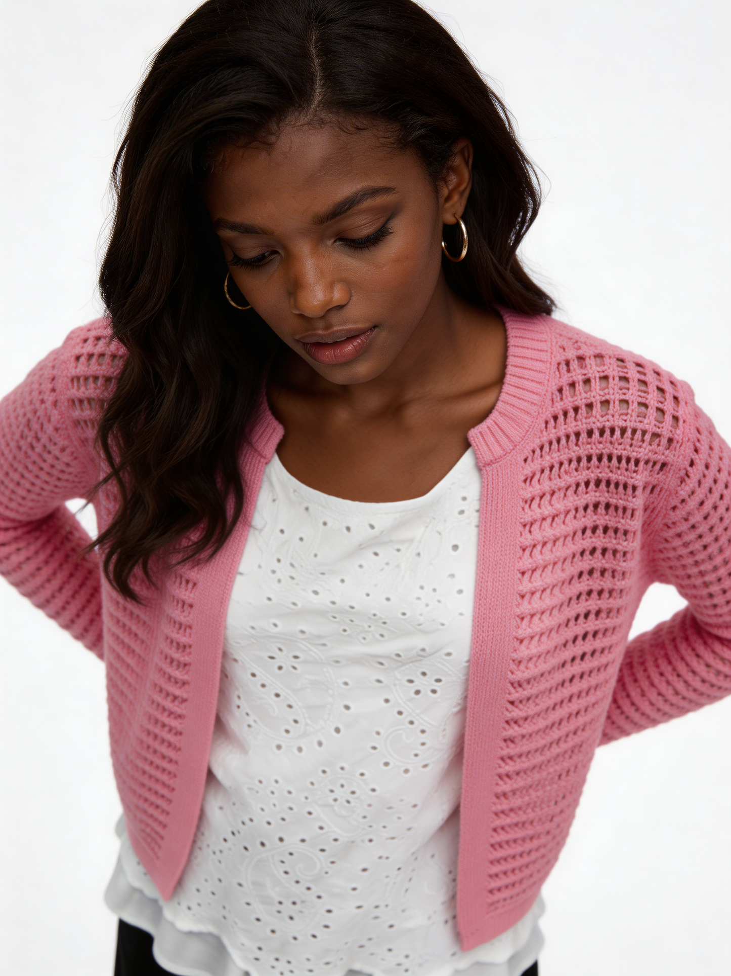 Lightweight Open-Knit Cardigan Sweater - Pink