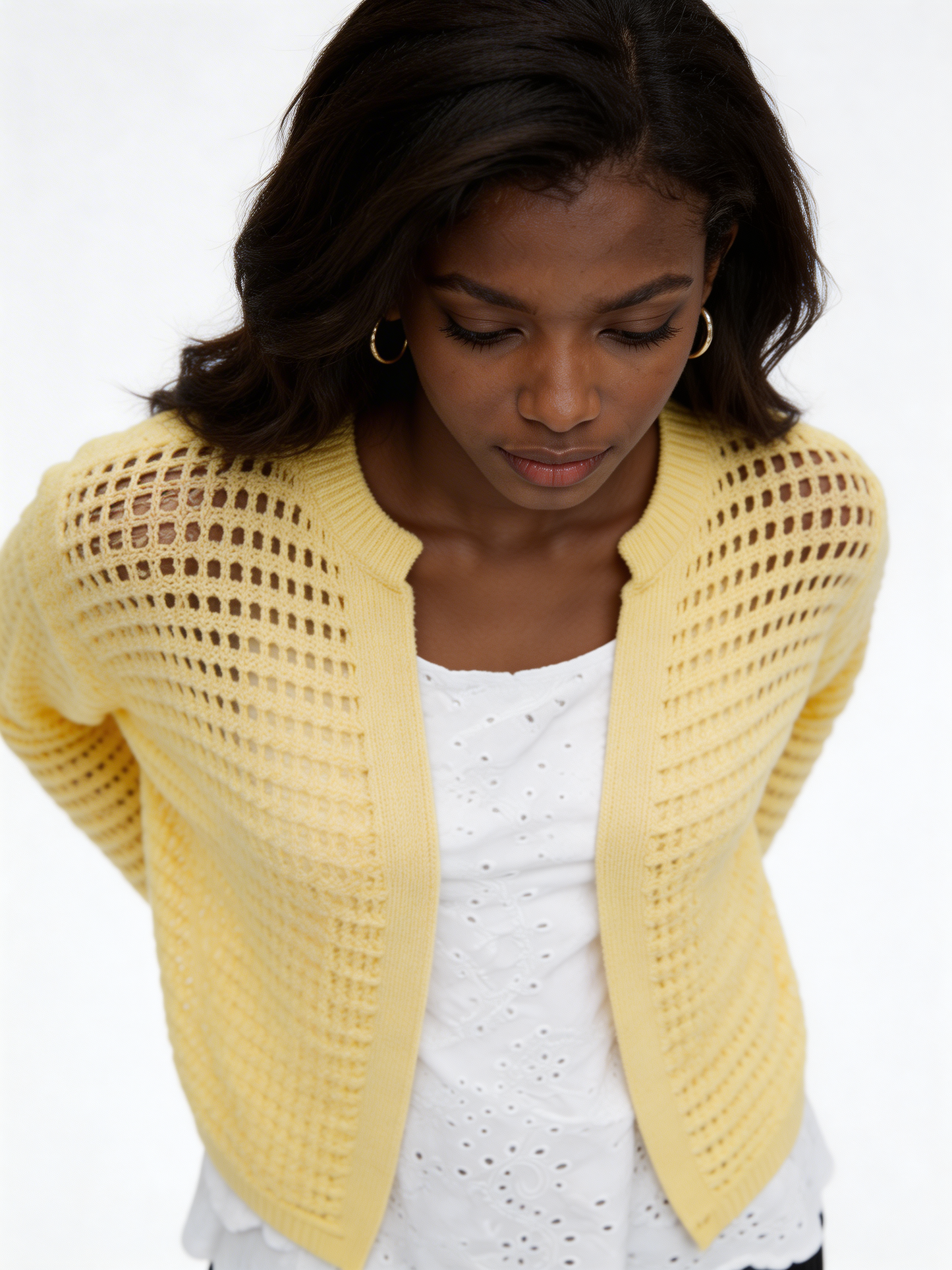 Lightweight Open-Knit Cardigan Sweater - Lemon