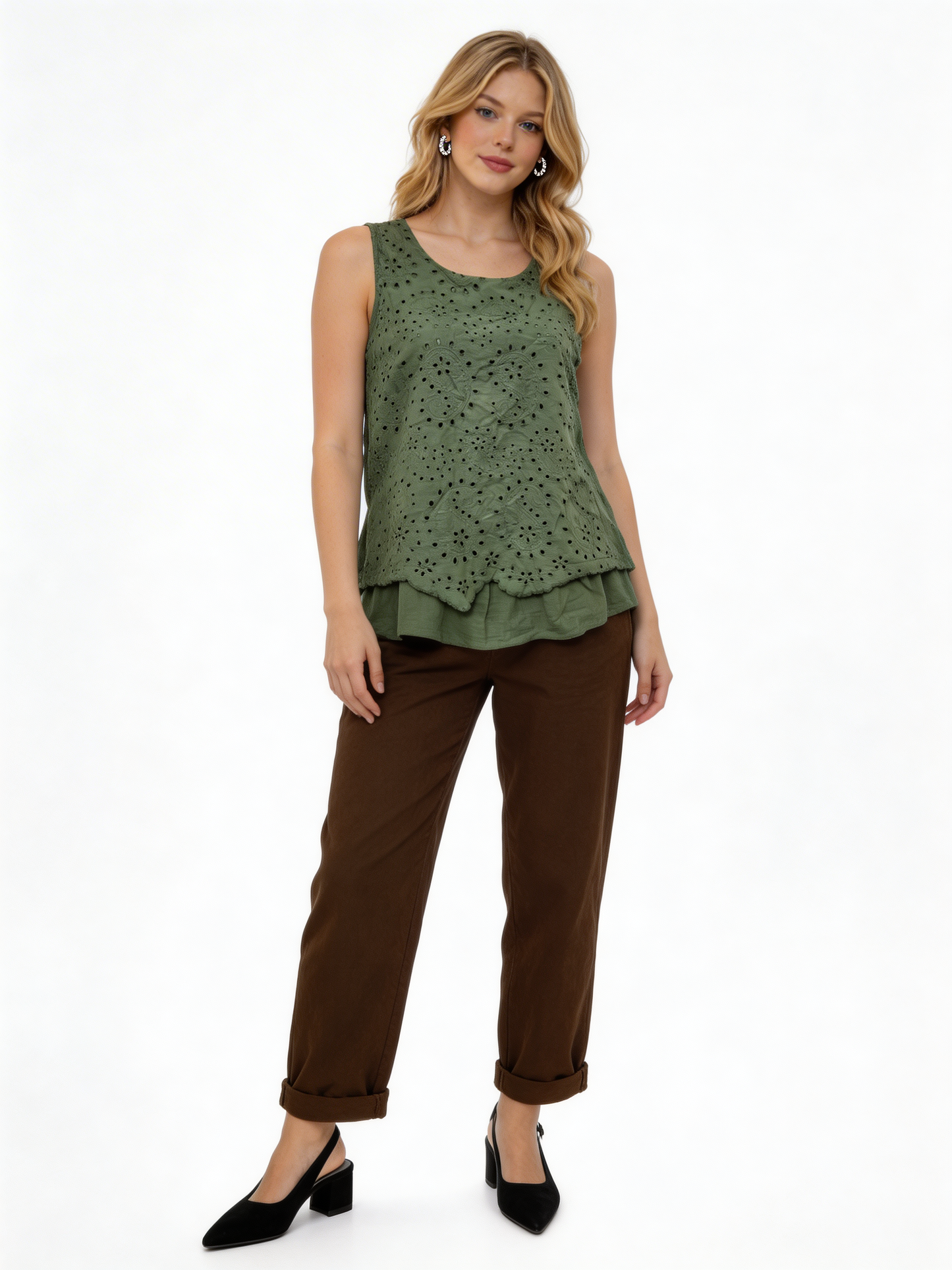 Elegant Eyelet Embroidered Sleeveless Peplum Top – Khaki