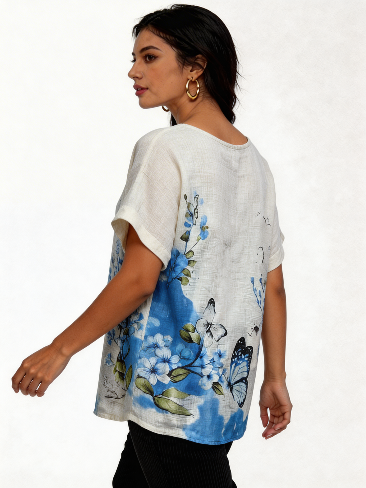 Butterfly Floral Print Linen-Look Top - White