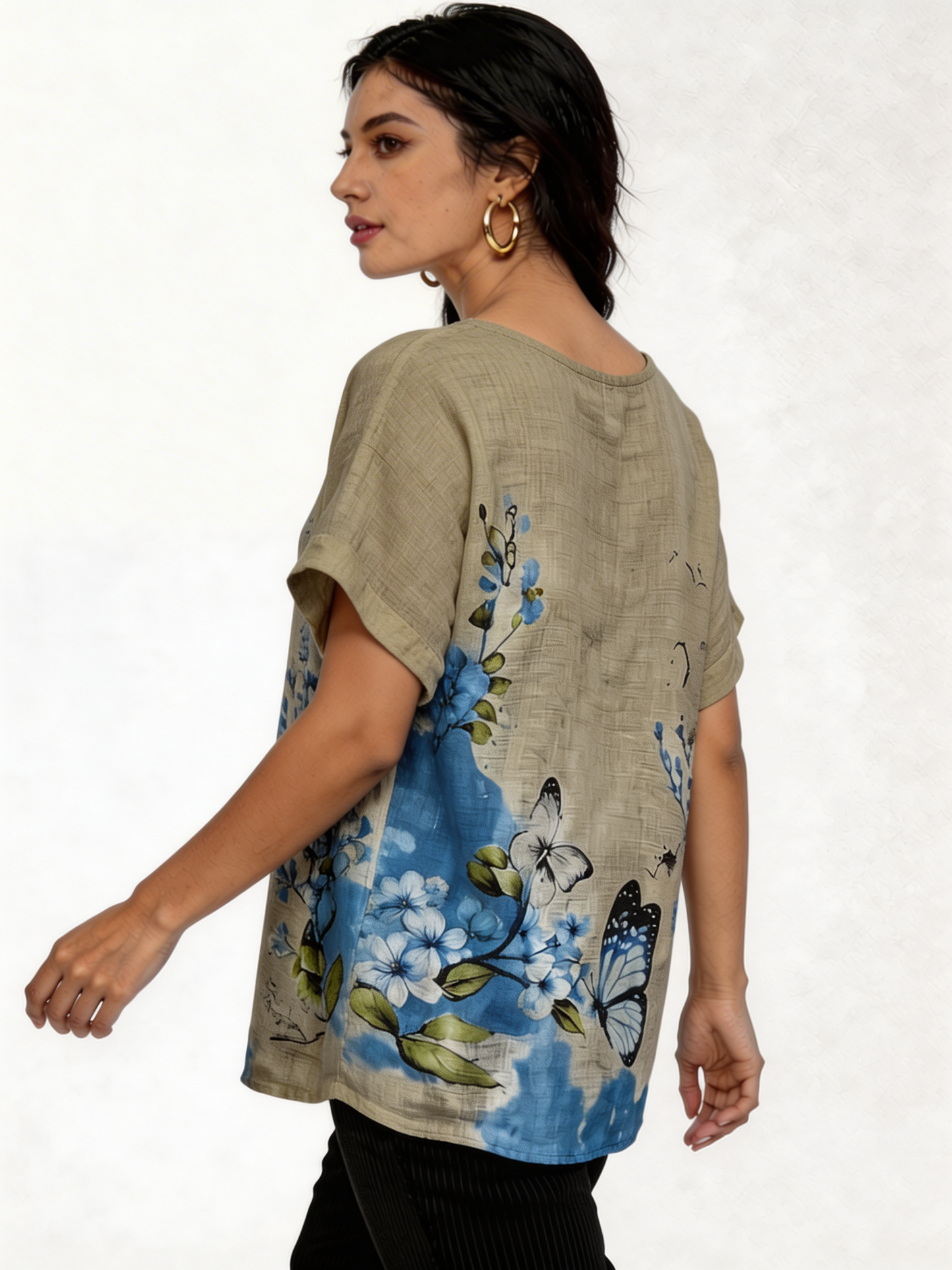 Vlindertop met bloemenprint en linnenlook - Taupe
