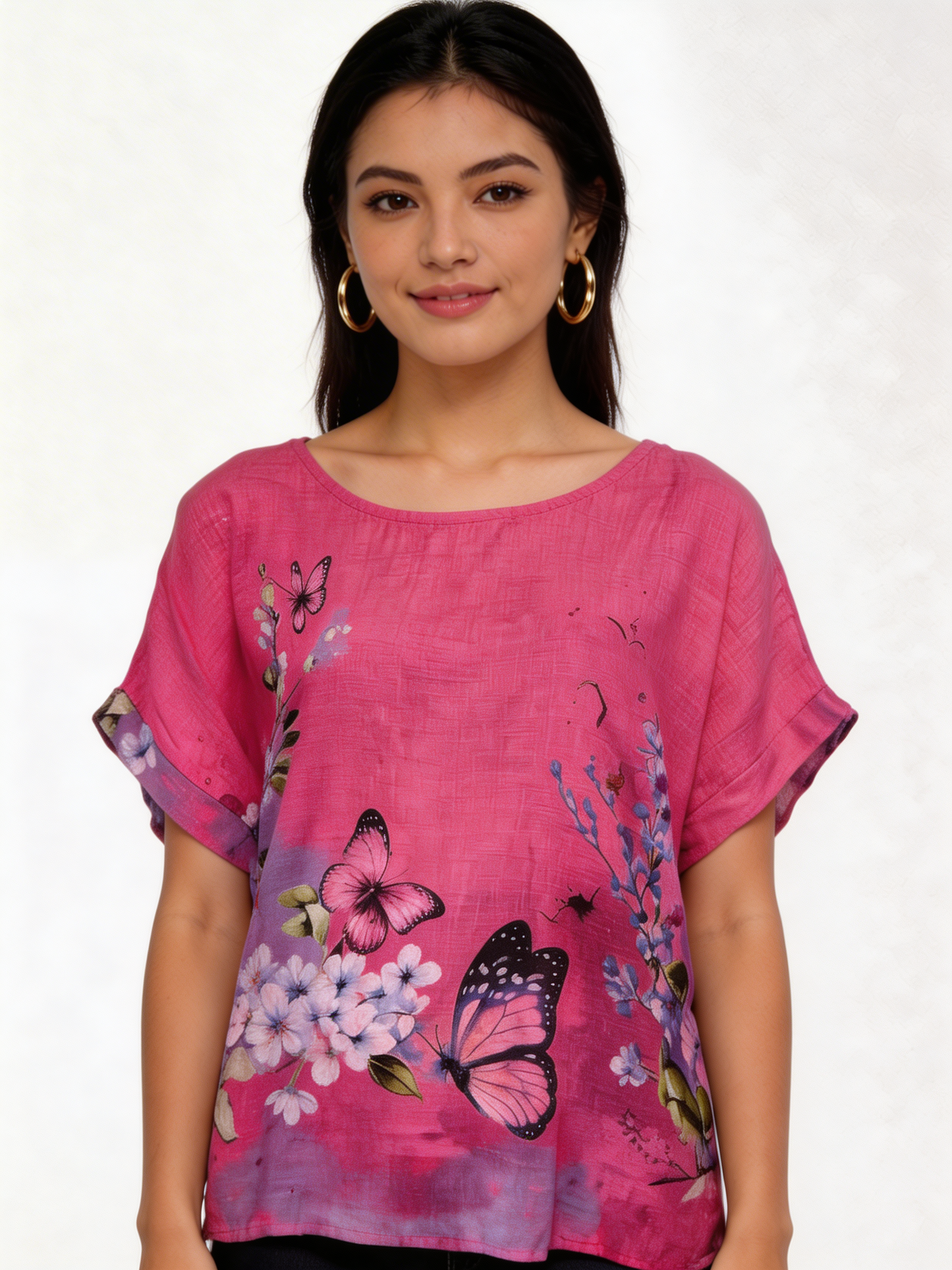 Butterfly Bloemenprint Linnenlook Top - Fuchsia