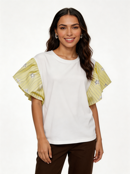 Star-Embellished Ruffle Flutter Sleeve Stripe Contrast T-Shirt - Lemon