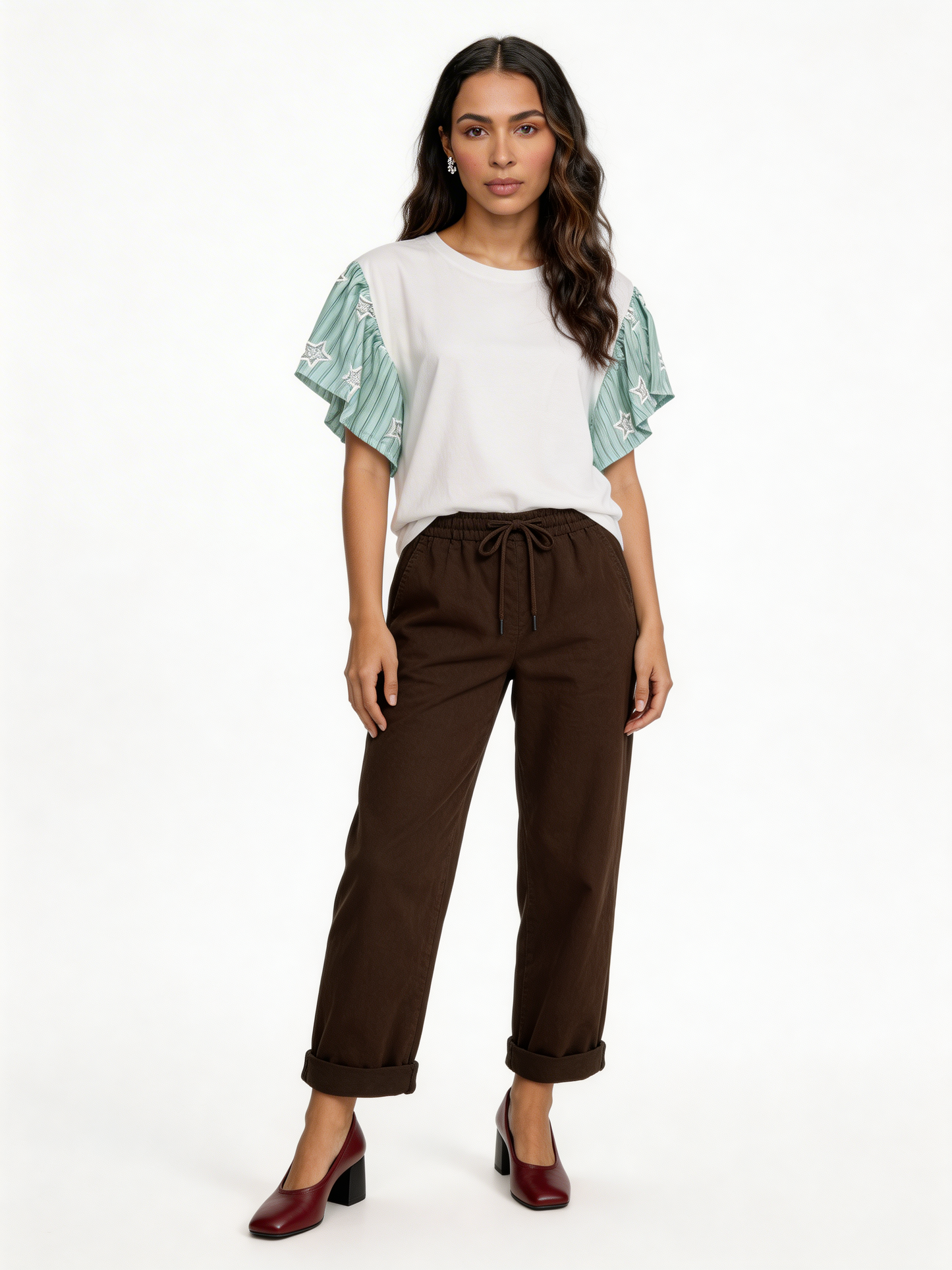Star-Embellished Ruffle Flutter Sleeve Stripe Contrast T-Shirt - Mint