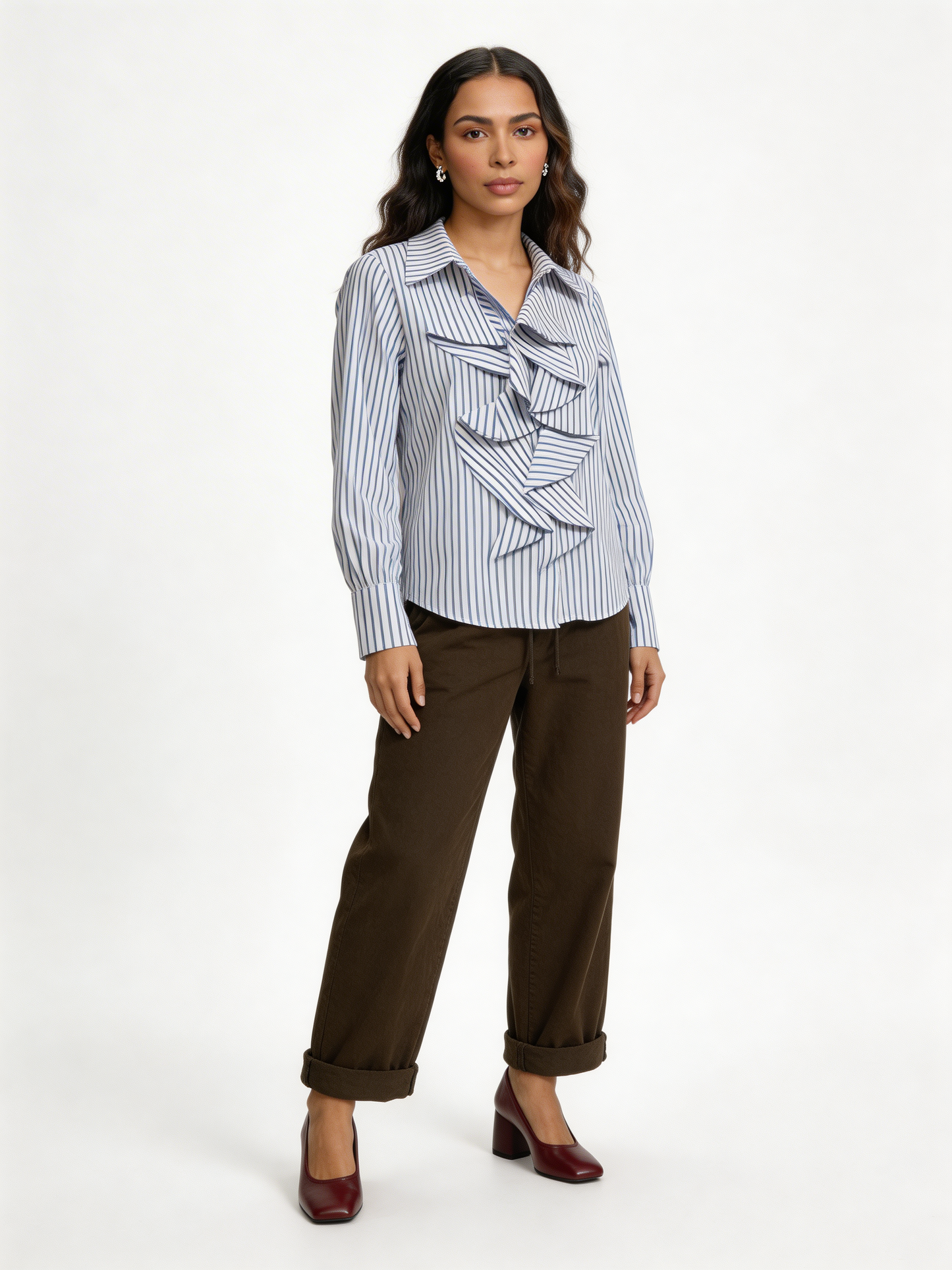 Cascading Ruffle Front Pinstripe Blouse Long Sleeve Shirt - Navy