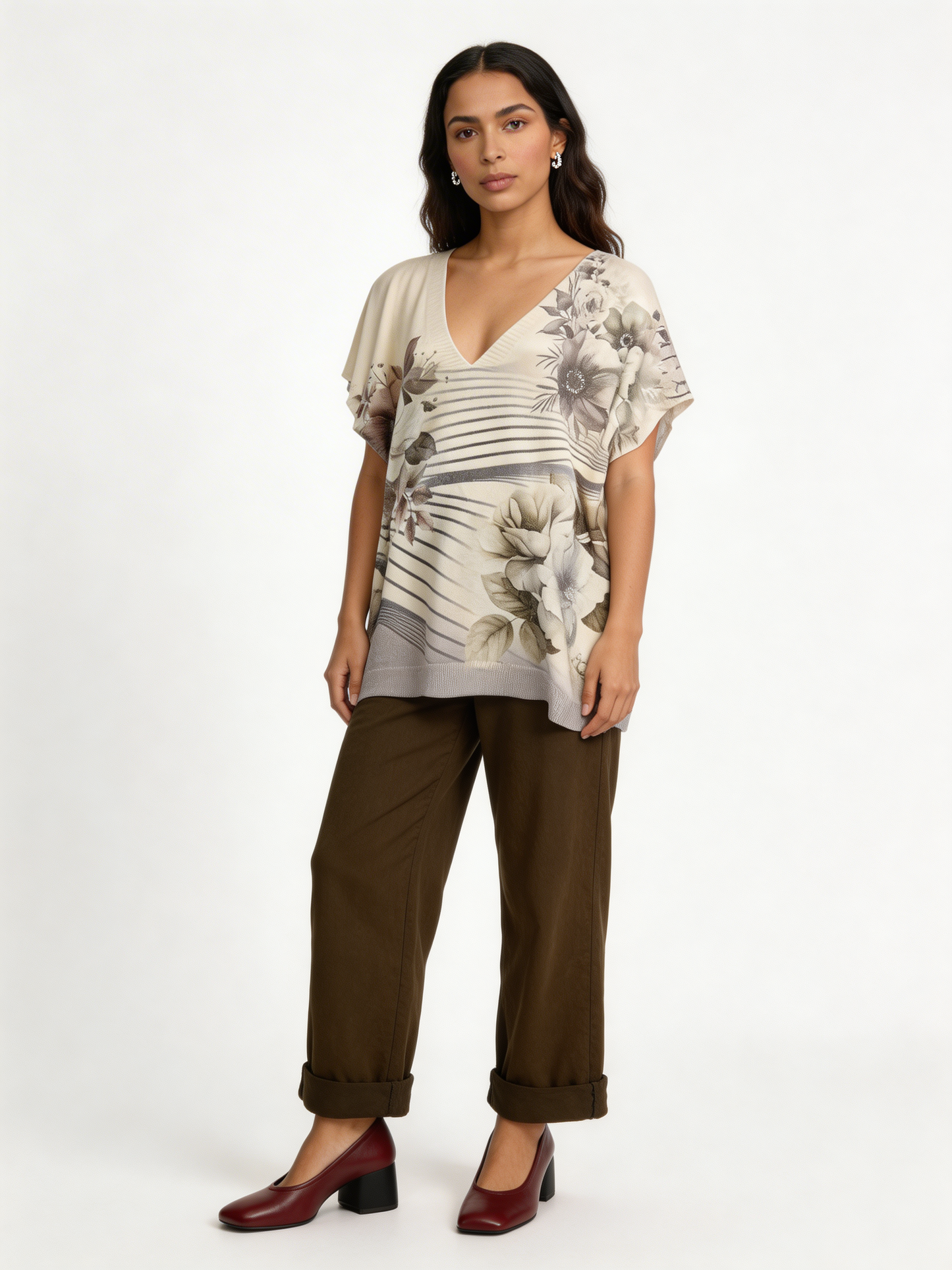 Floral Stripe Print Oversized Tank Top | Botanical V-Neck Batwing Jumper - Grey