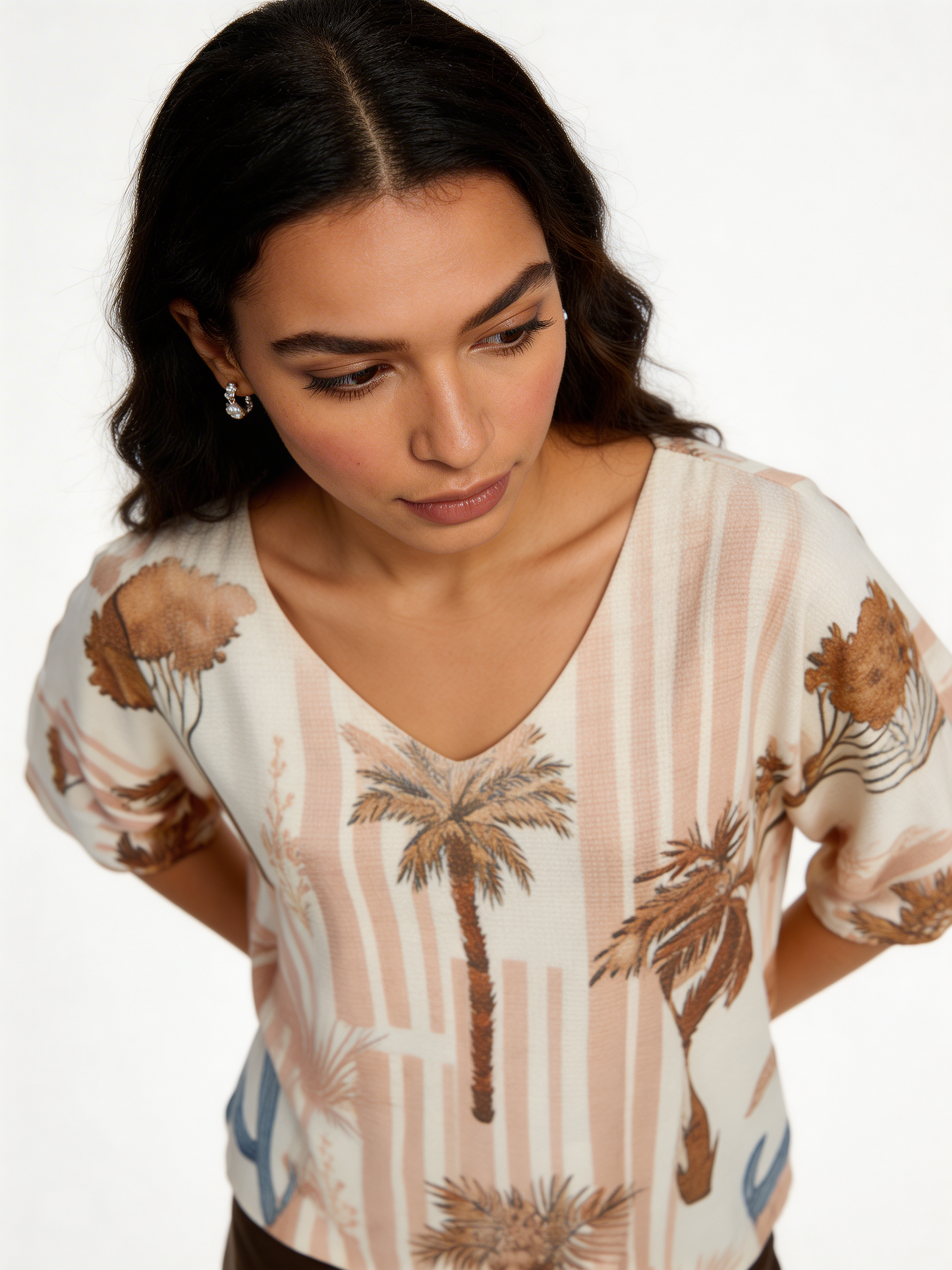 Tropical Desert Print Oversized Knitted Top | Boho Palm & Cactus V-Neck - Dusty Pink