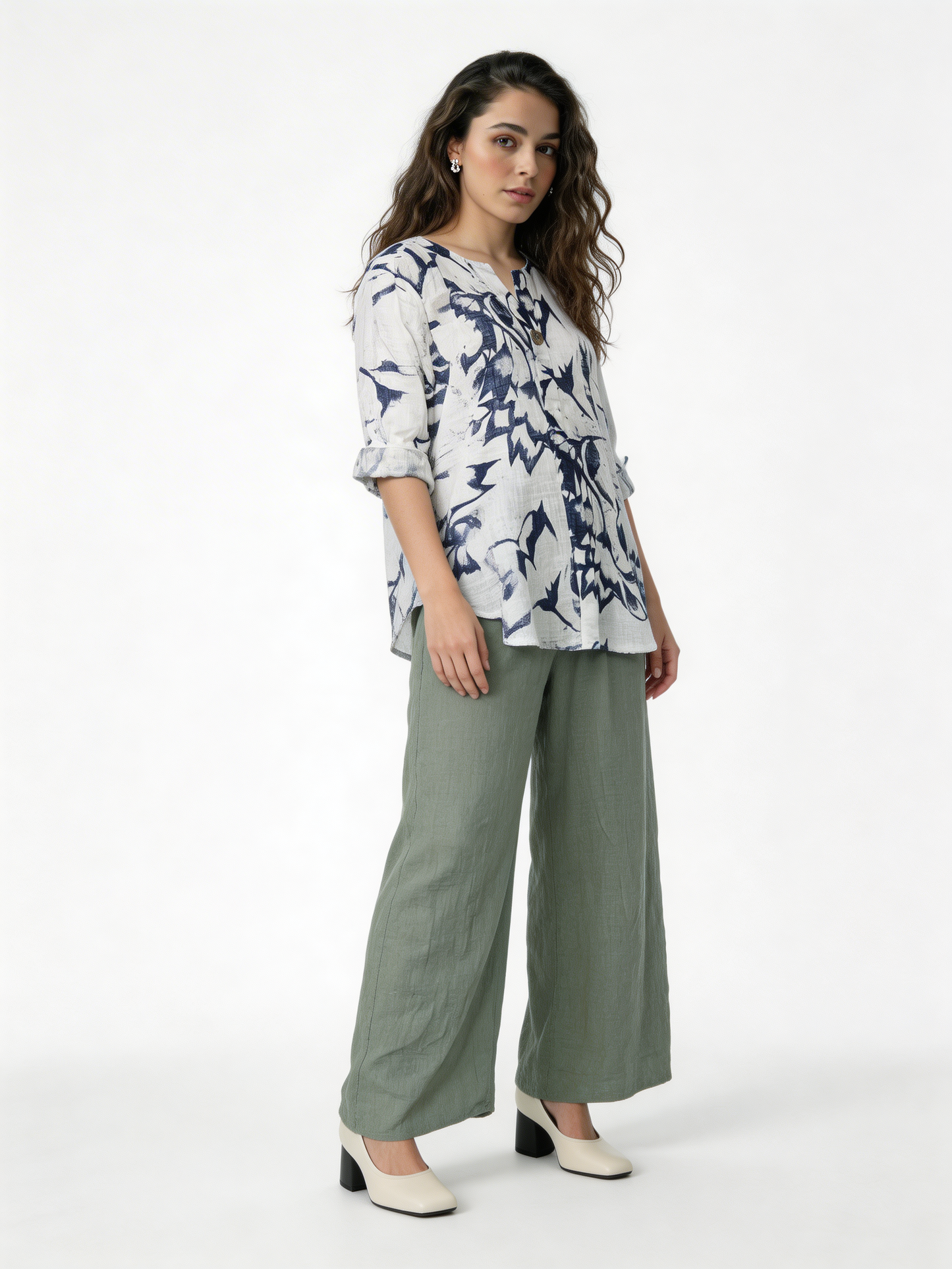 Botanical Print Linen Blend Tunic Floral Shirt with Wooden Button Detail - White