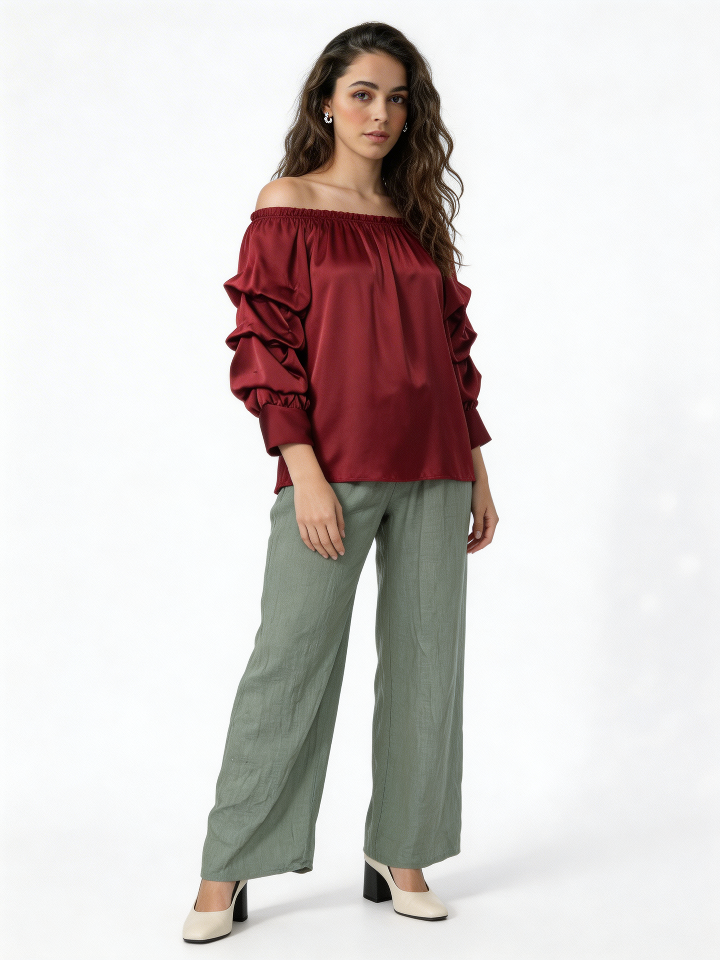 Puff Sleeve Bardot Blouse Gathered Neckline Top - Burgundy