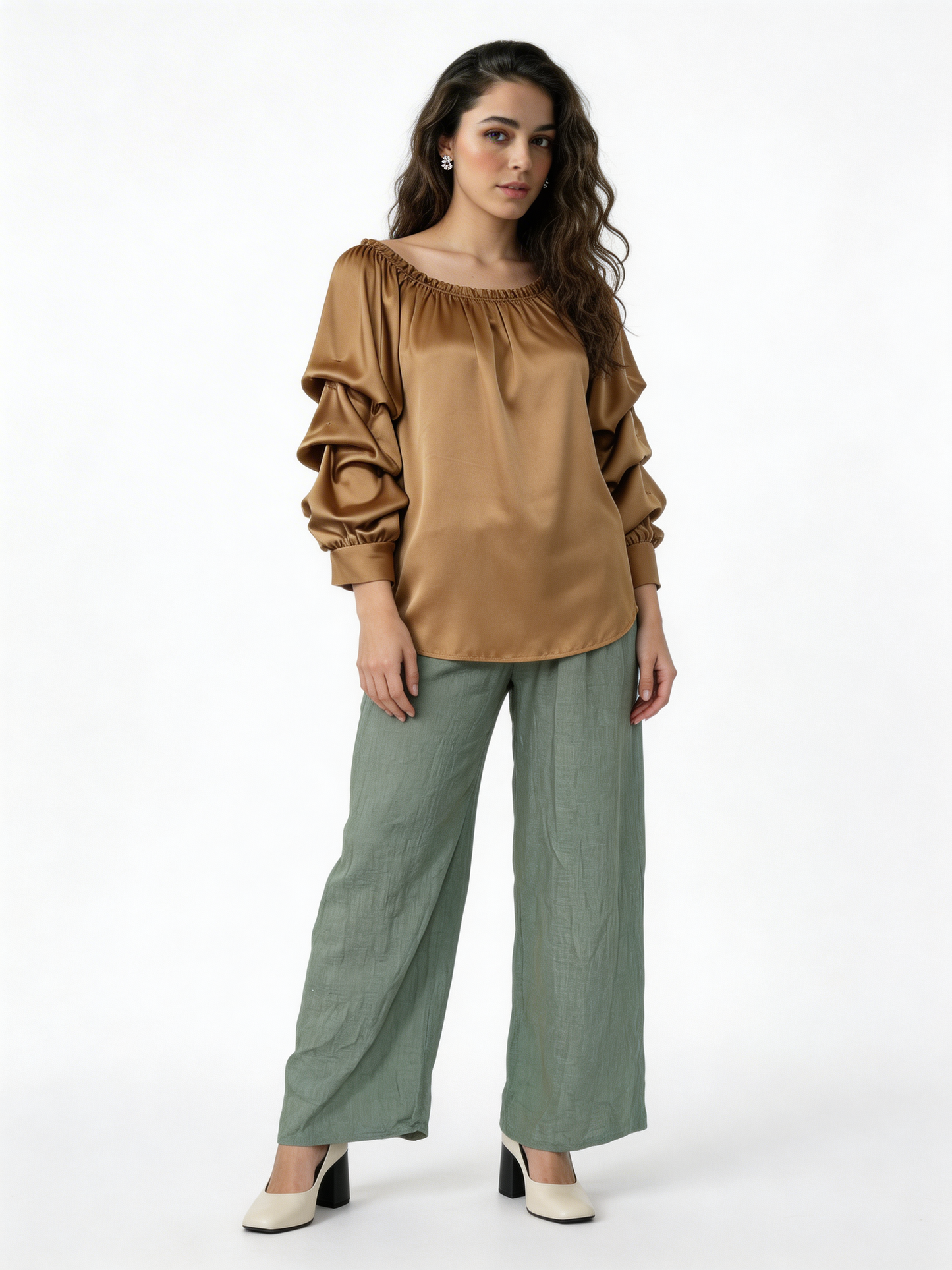 Puff Sleeve Bardot Blouse Gathered Neckline Top - Mocha