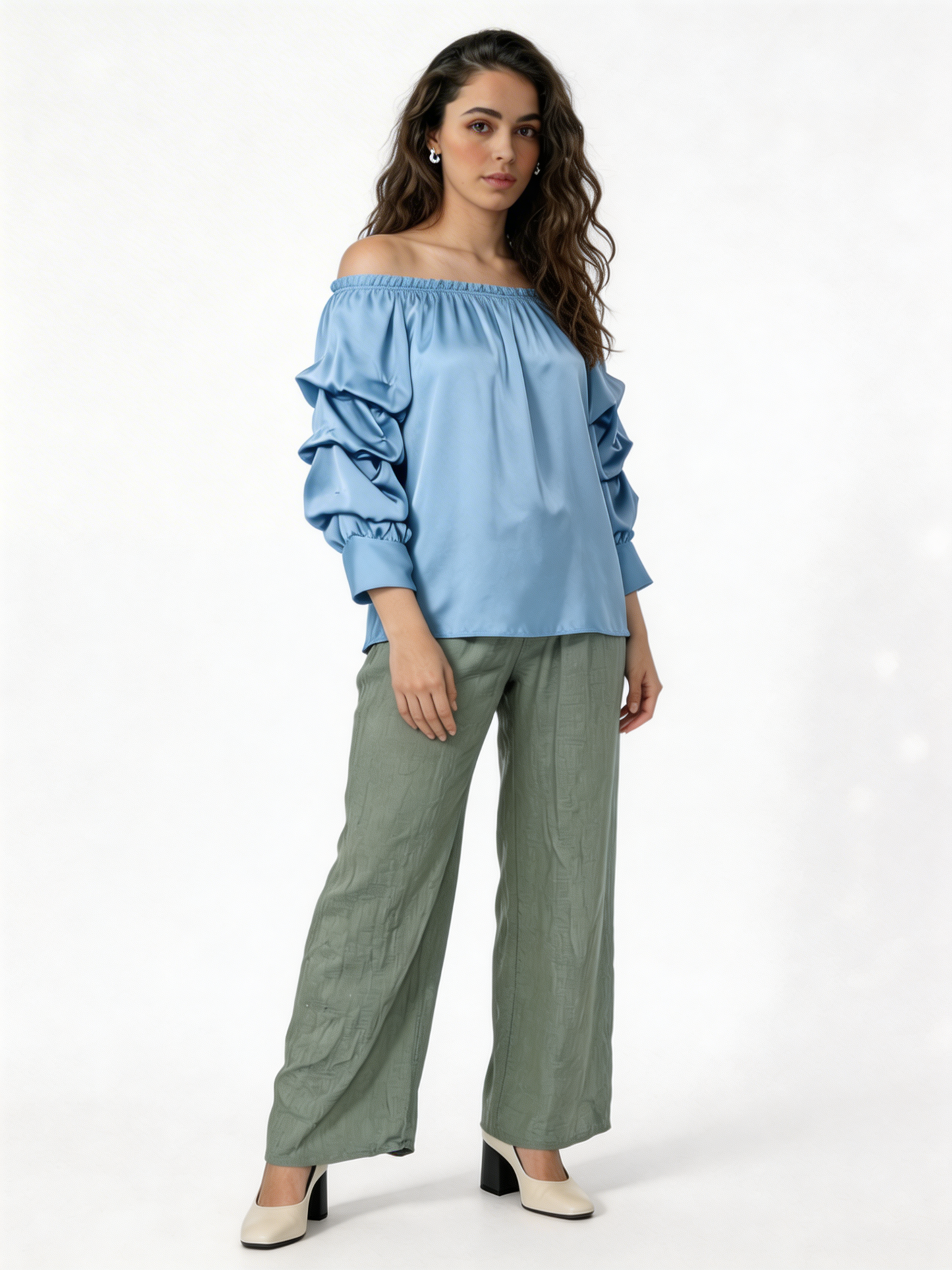 Puff Sleeve Bardot Blouse Gathered Neckline Top - Sky Blue