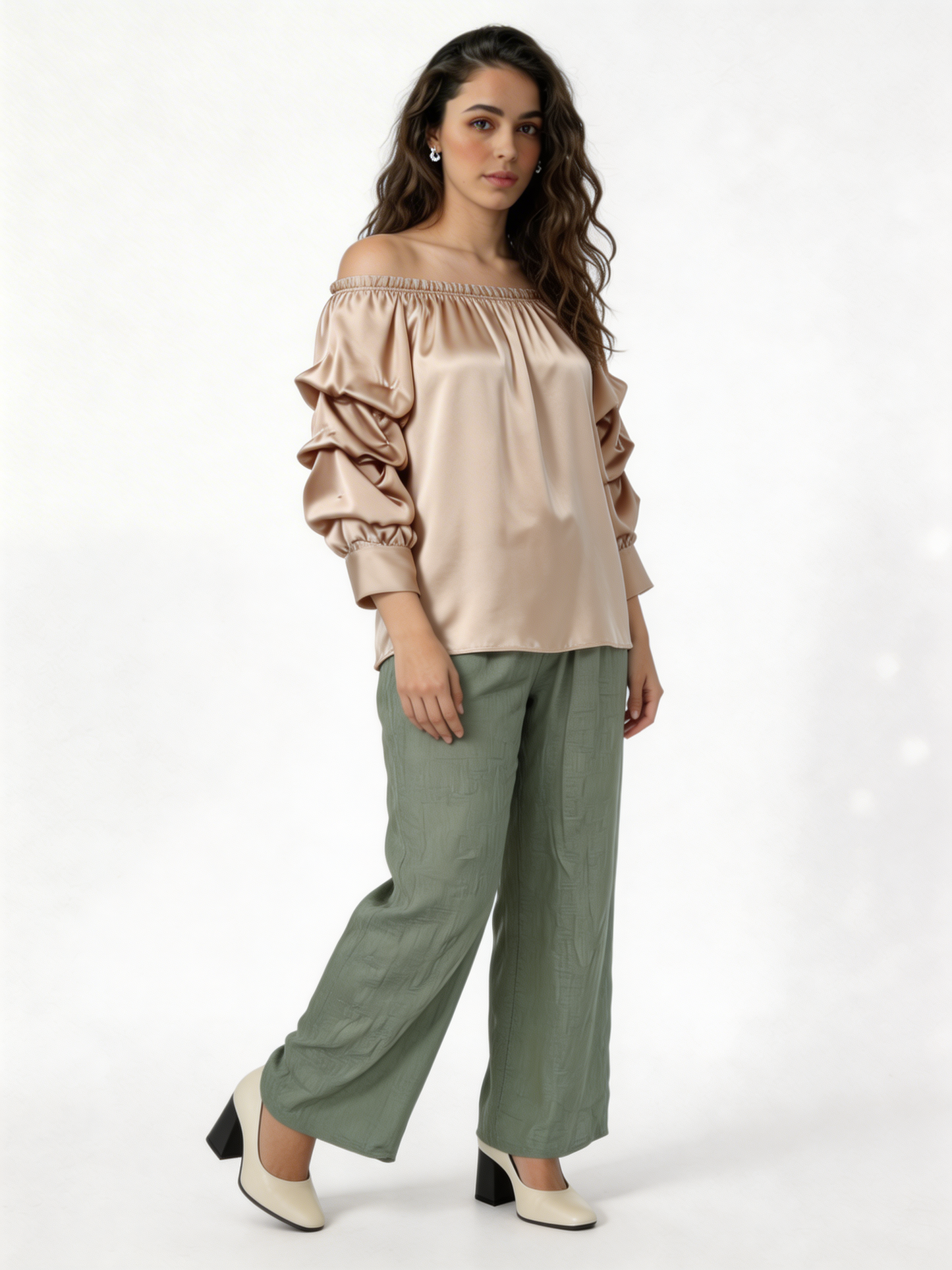 Puff Sleeve Bardot Blouse Gathered Neckline Top - Beige
