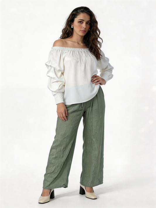 Puff Sleeve Bardot Blouse Gathered Neckline Top - White