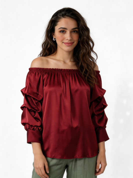 Puff Sleeve Bardot Blouse Gathered Neckline Top - Burgundy