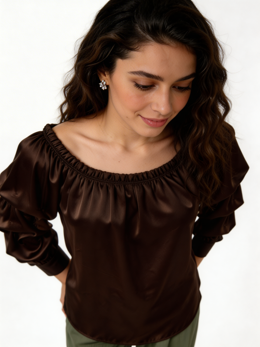 Puff Sleeve Bardot Blouse Gathered Neckline Top - Brown