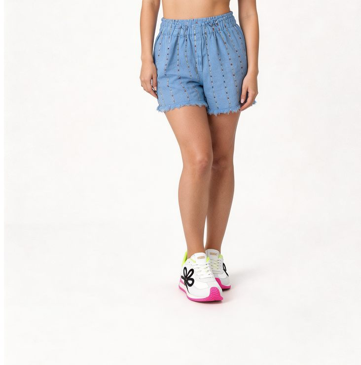 Multicolored Vertical Embroidered Drawstring Shorts - Sage Green