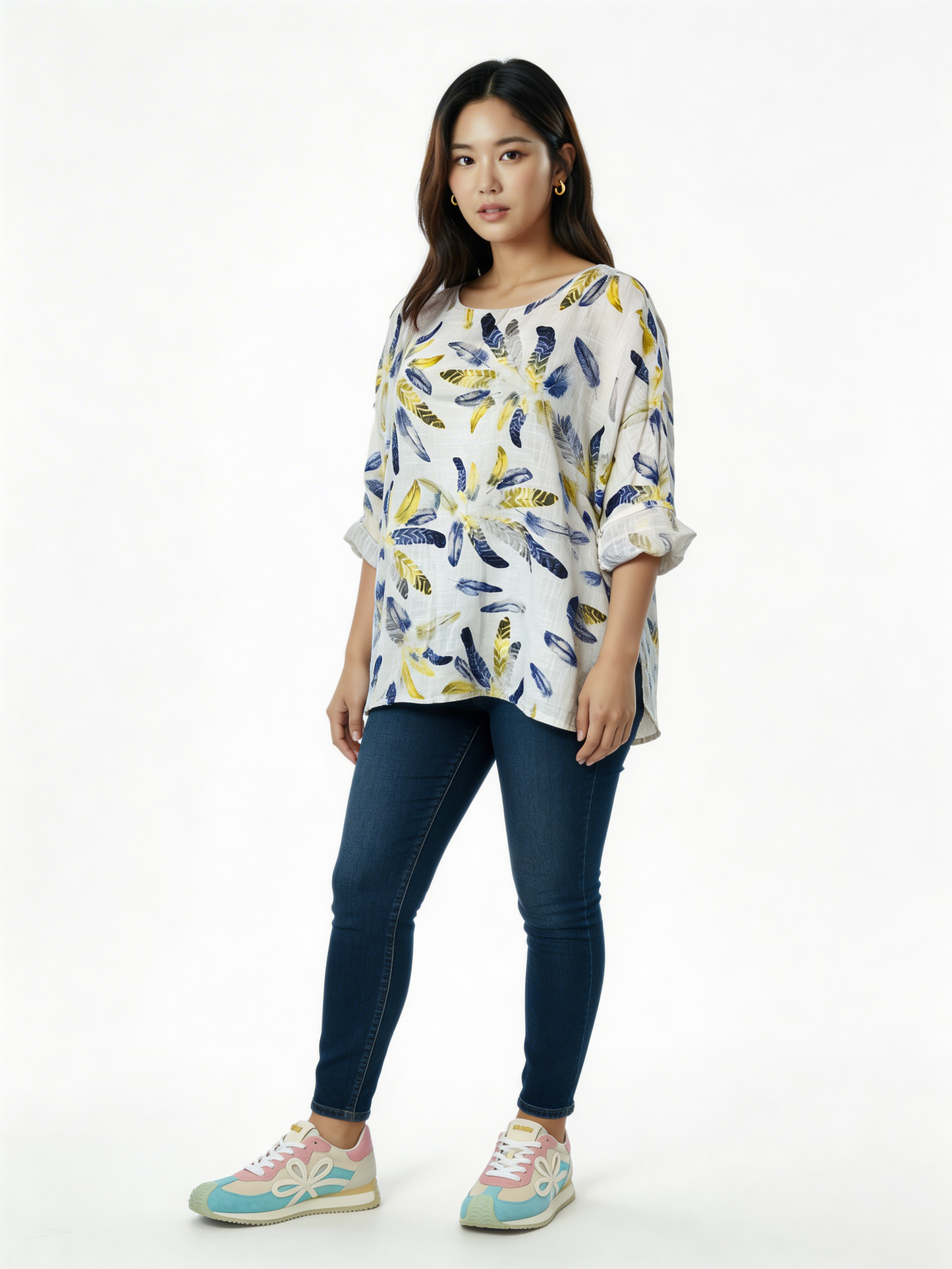 Feather Print Relaxed Linen-Blend Tunic Top - White