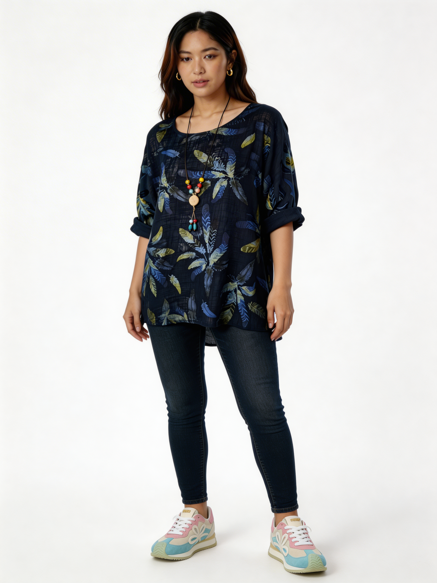 Feather Print Relaxed Linen-Blend Tunic Top - Navy